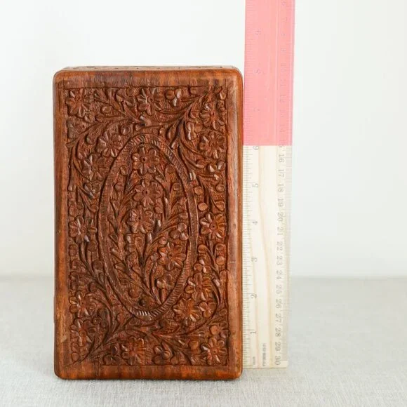 Vintage Hand Carved Wooden Jewelry Trinket Memorial Box Himalayan Jungle Wood - Picture 12 of 16